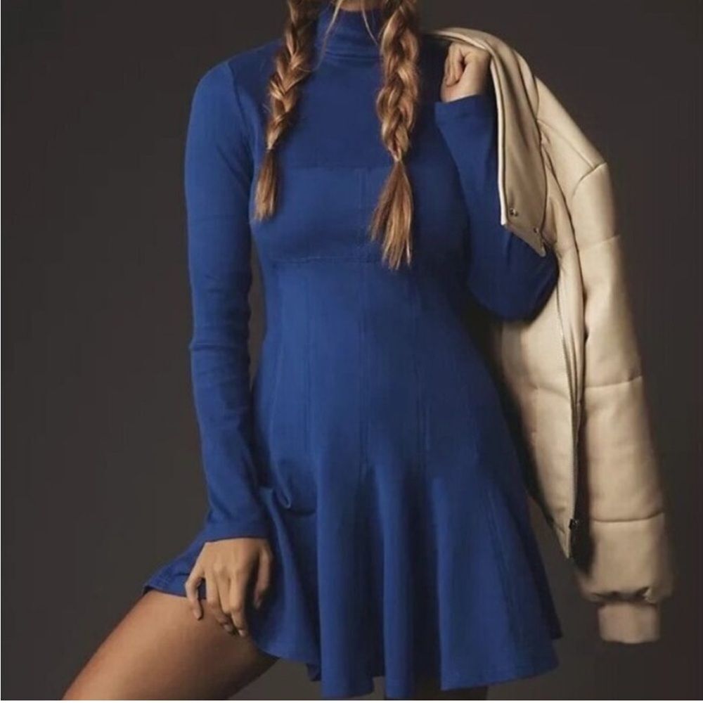 NWT Anthropologie Daily Practice Mock Neck Long Sleeve Rib Swing Dress Blue M